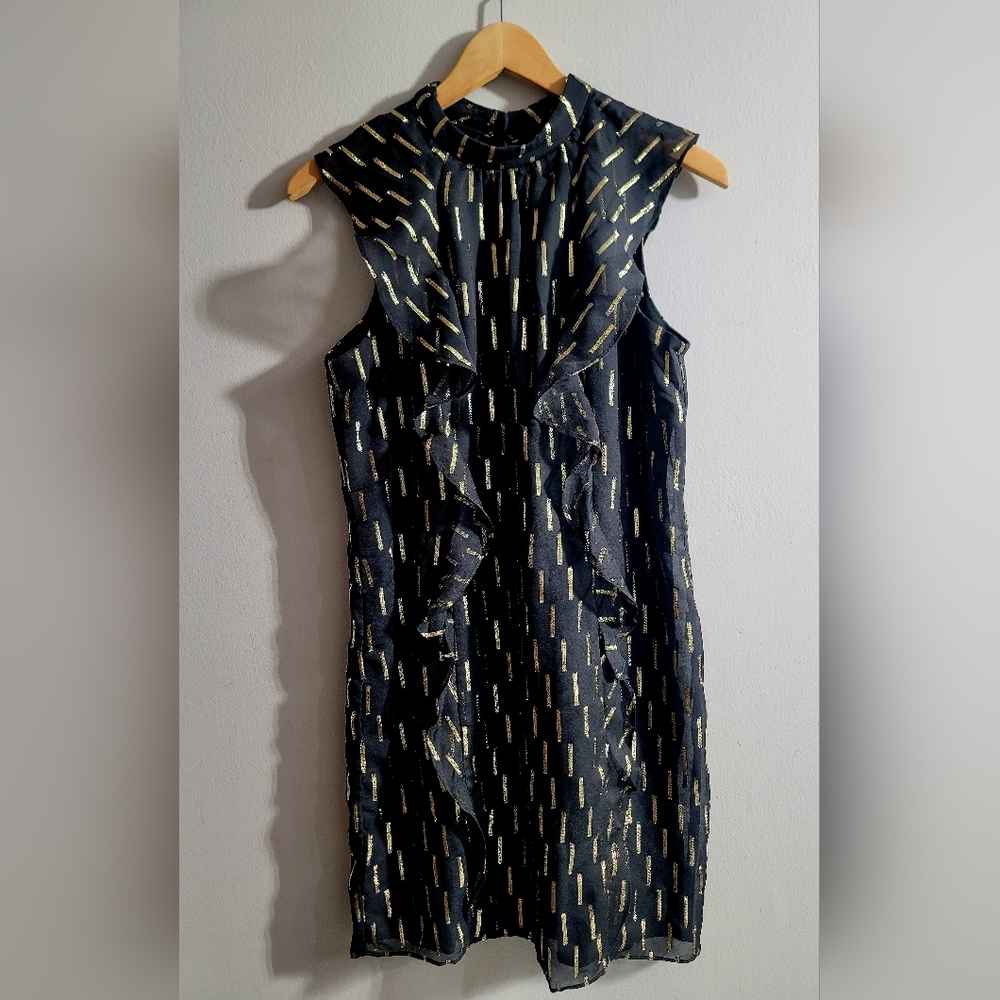 WORTHINGTON Women's Black Gold Lined Sleeveless Ruffle Front/Back Dress Size: 10